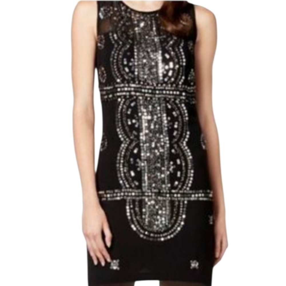 Adrianna Papell Black Sequin Art Deco Beaded Shift Party Dress 6 Sleeveless‎
